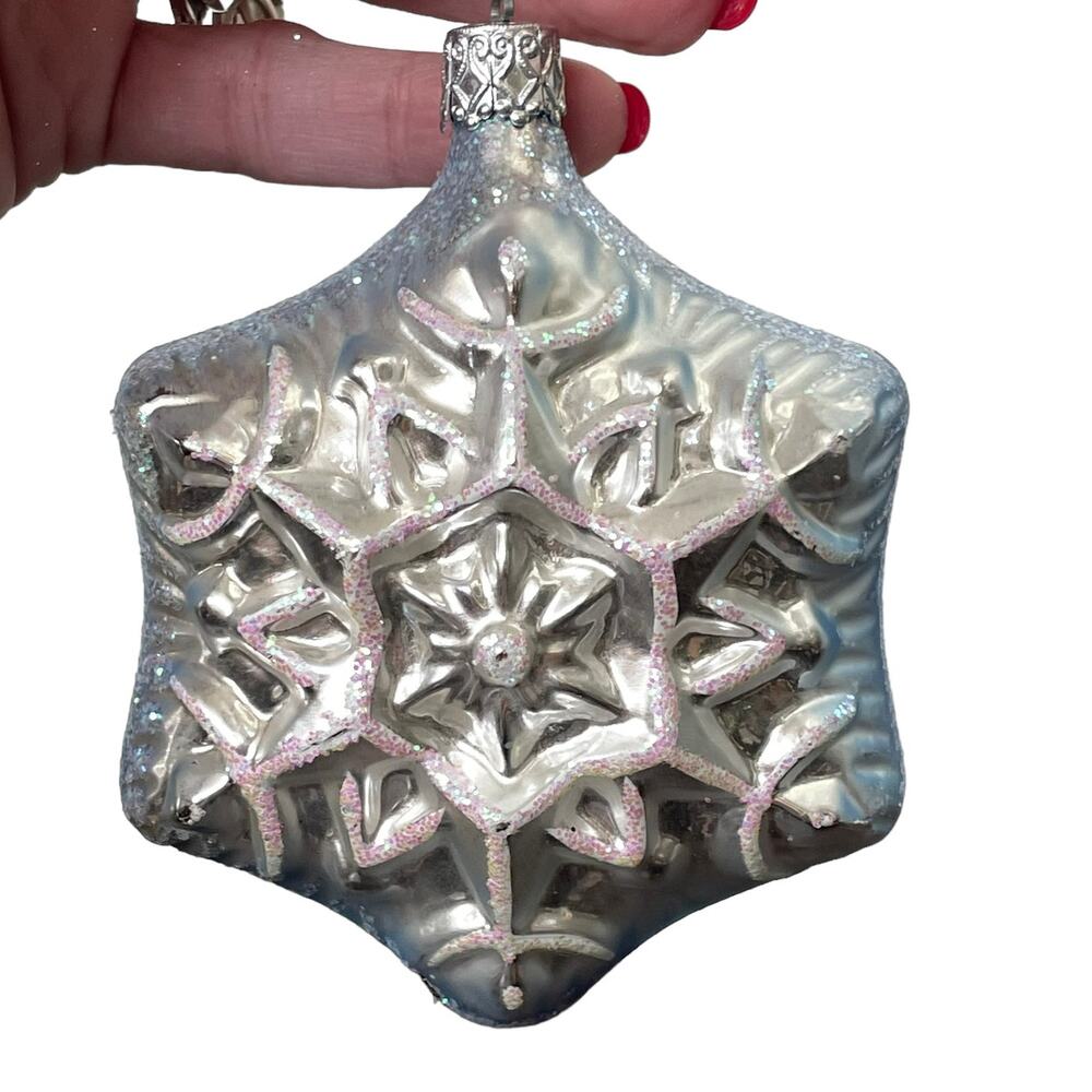 Inge Glas Silver Snowflake Ornament Christmas West Germany Glass Collectible
